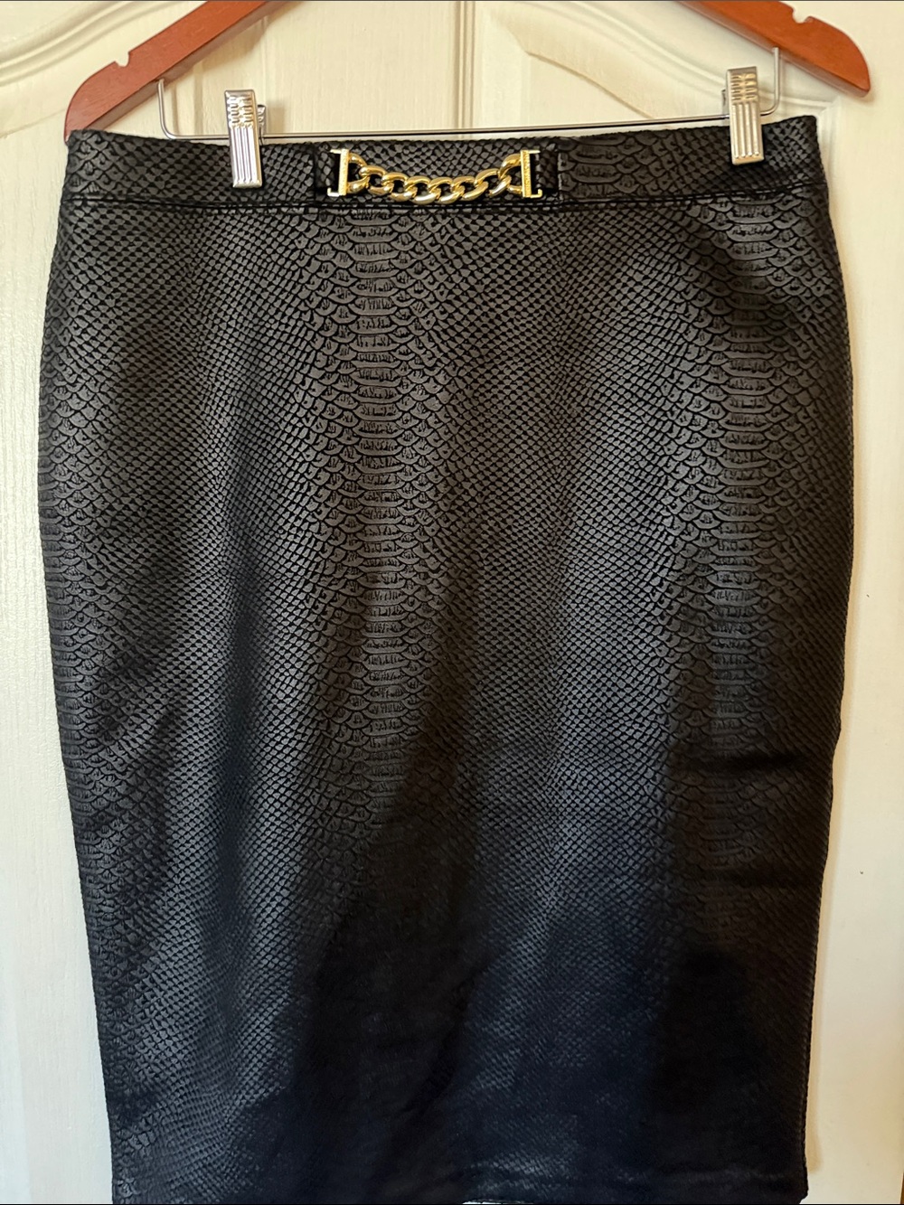Marc New York Black Faux-Snake Pencil Skirt with Gold Chain Accent